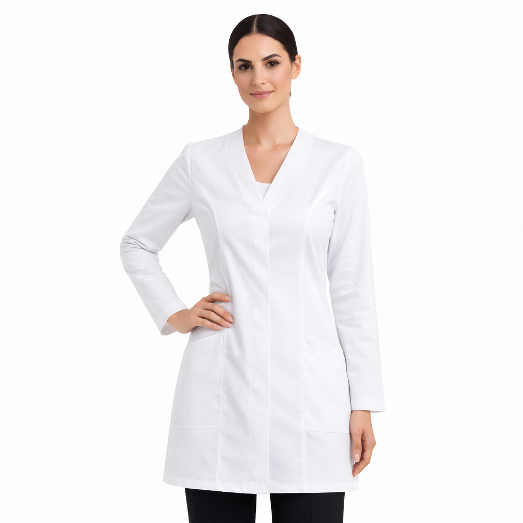 لابكوت طبي نسائي أبيض بتصميم V أزرار مخفية - Image 2